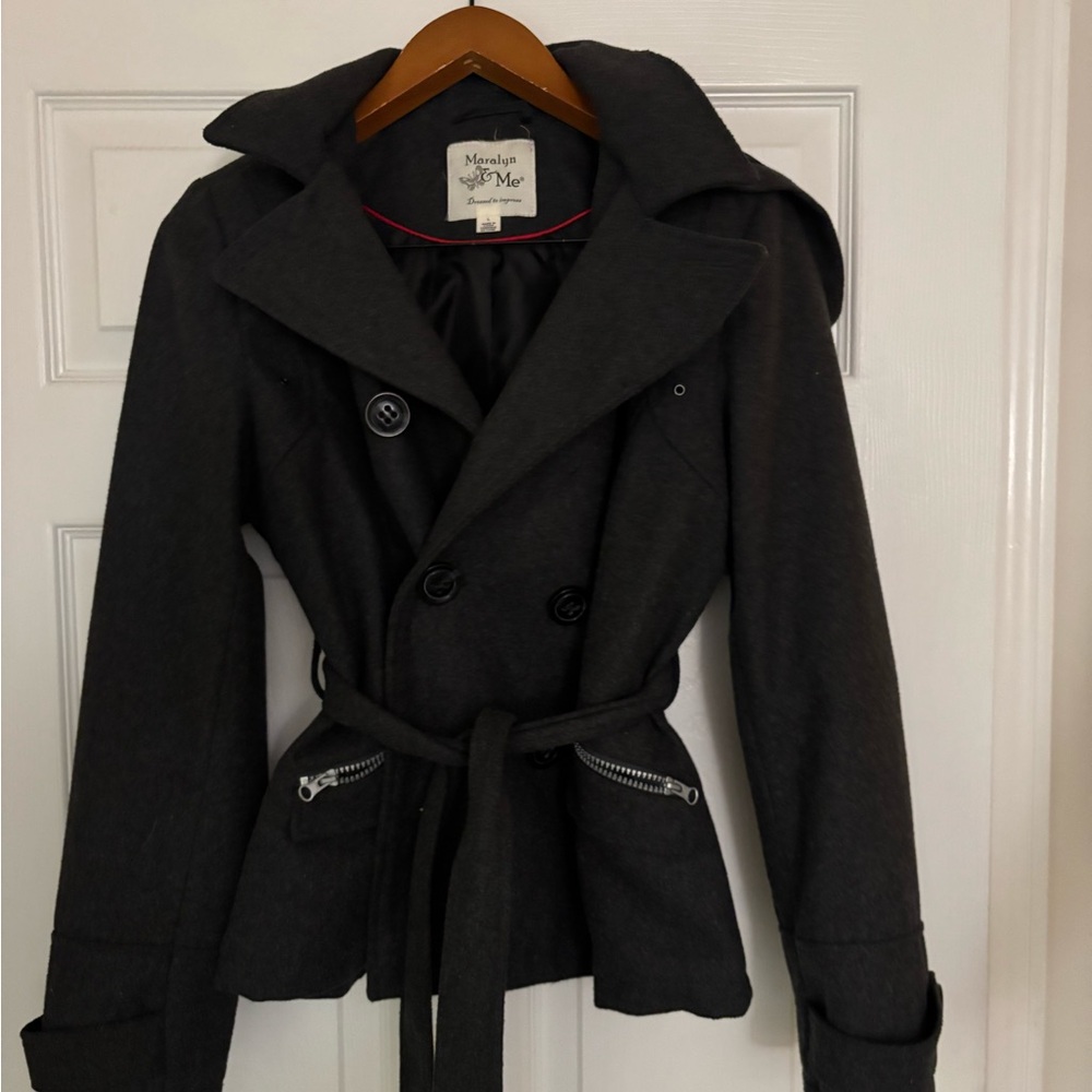 Maralyn & Me Dark Charcoal Double-Breasted Trench Coat